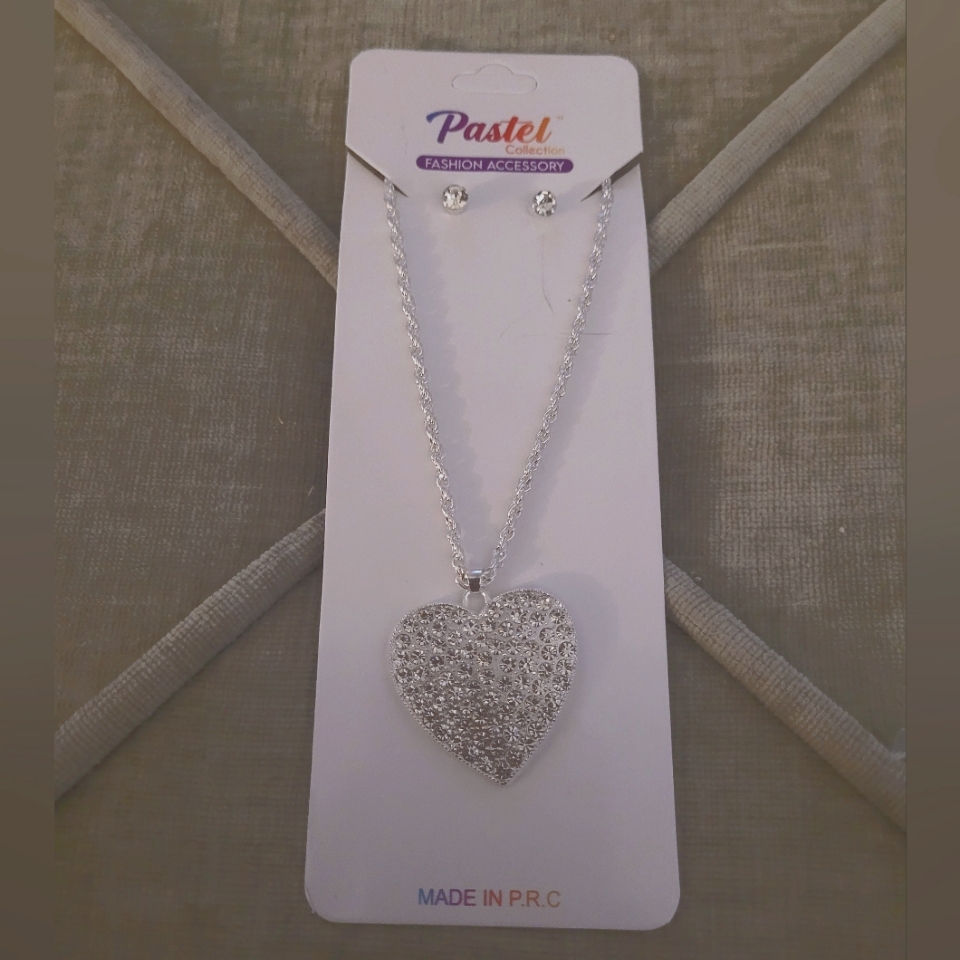 Silver Stone Heart Necklace And Earring Set